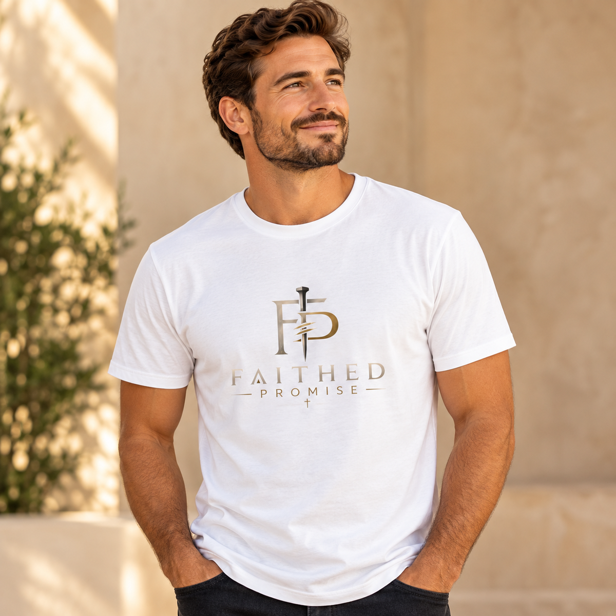 Man wearing FaithedPromise classic cross logo tee, AI lifestyle mockup