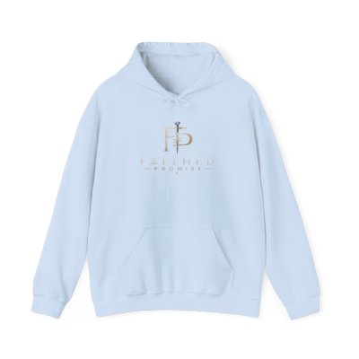 Light Blue Faithed Promise logo hoodie, exact Printify front mockup