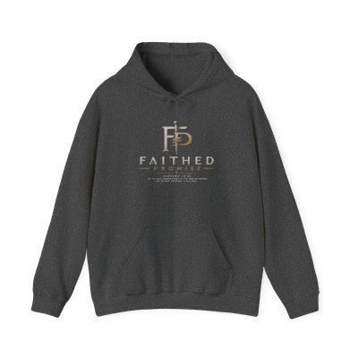 Dark Heather Faithed Promise logo hoodie, exact Printify front mockup