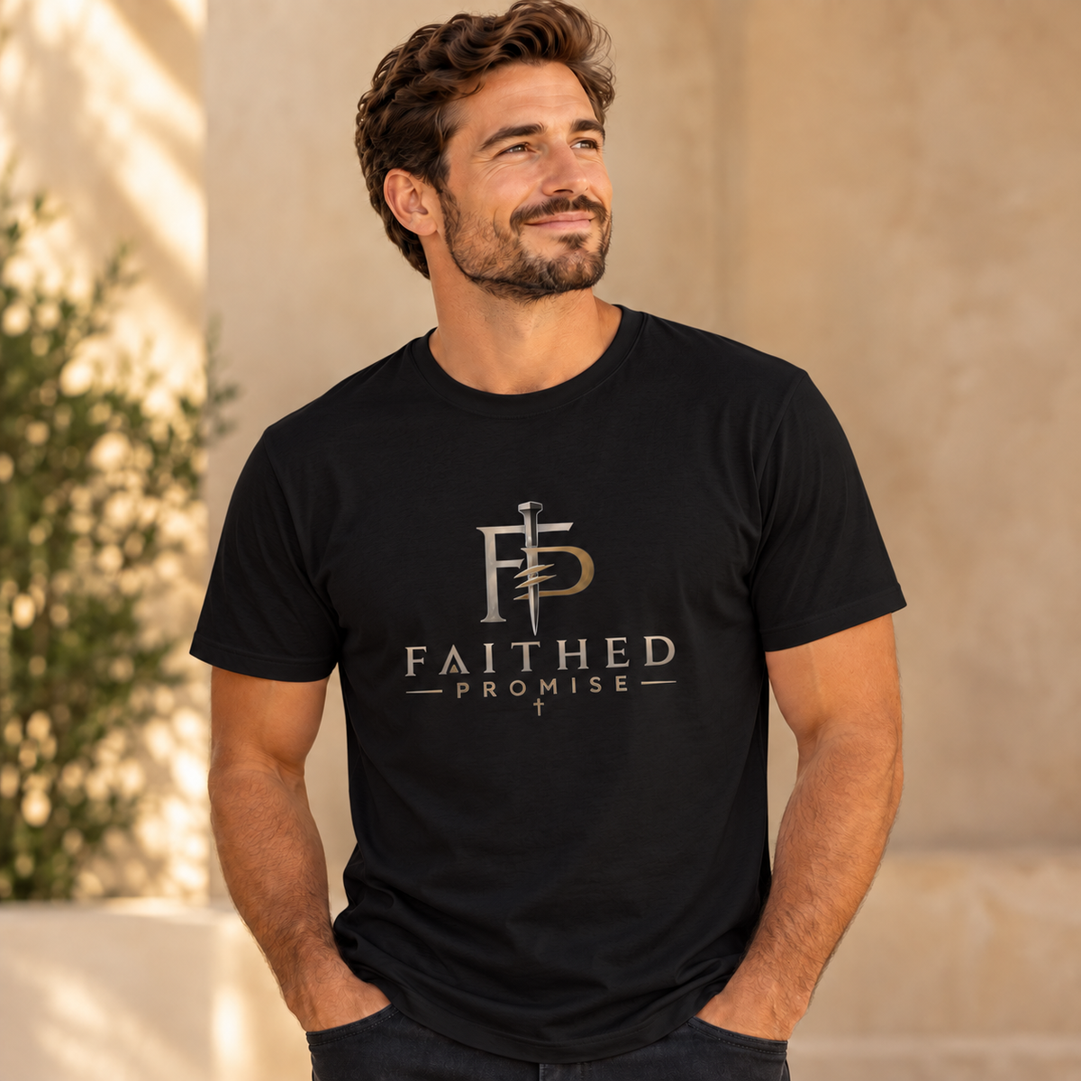 Man wearing Black Faithed Promise classic cross logo tee