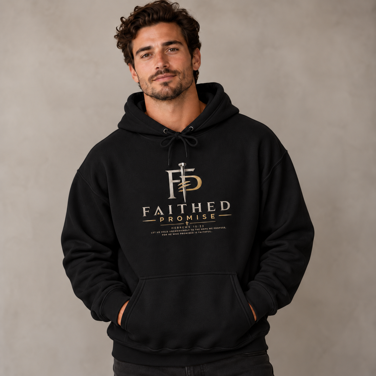 Man wearing Black Faithed Promise logo hoodie
