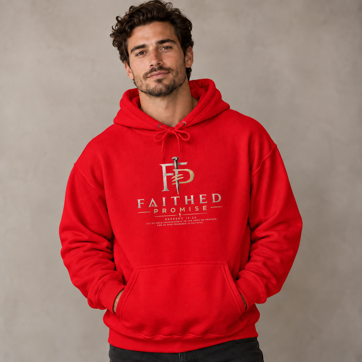 Man wearing Red Faithed Promise logo hoodie