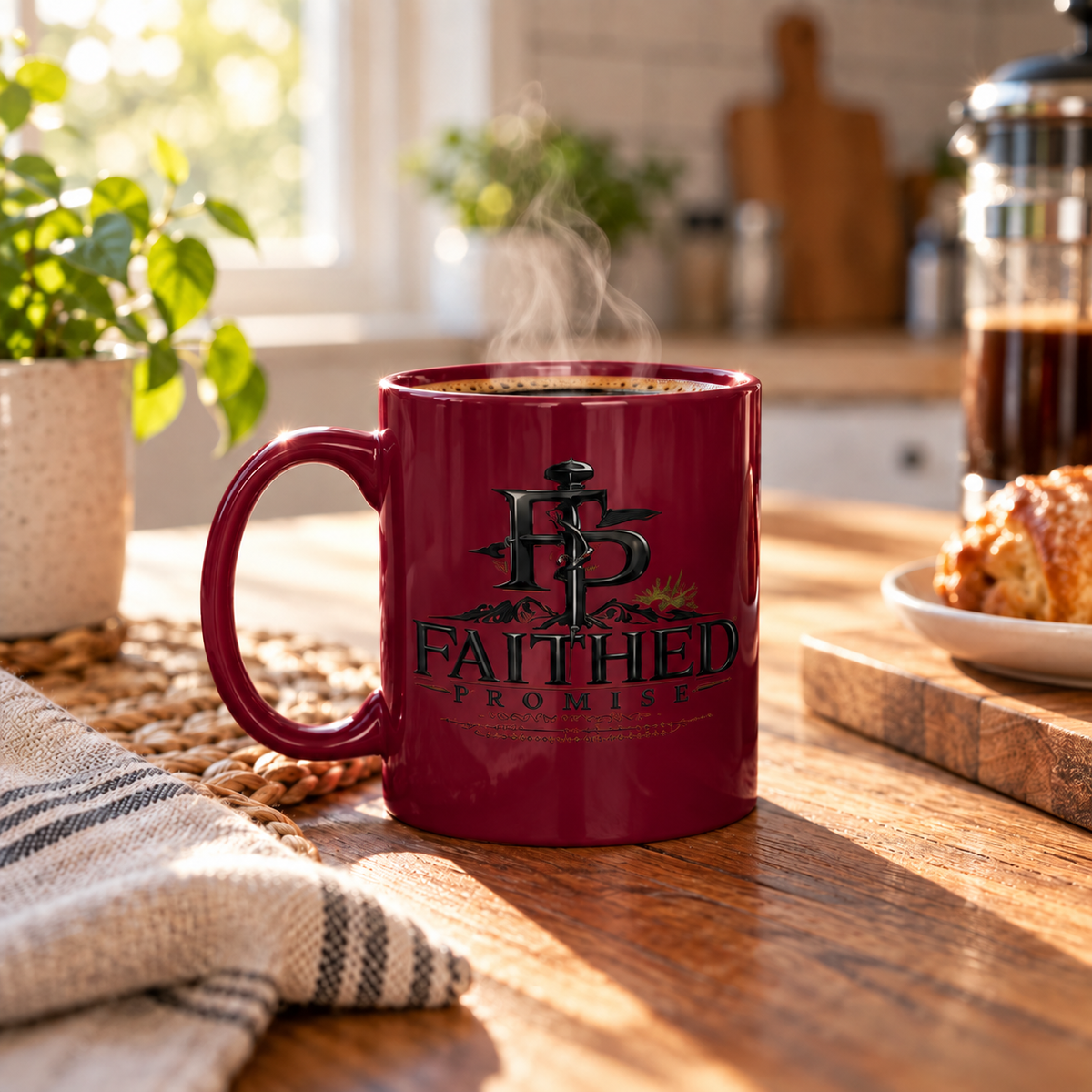 Burgundy Faithed Promise ceramic mug on a kitchen table