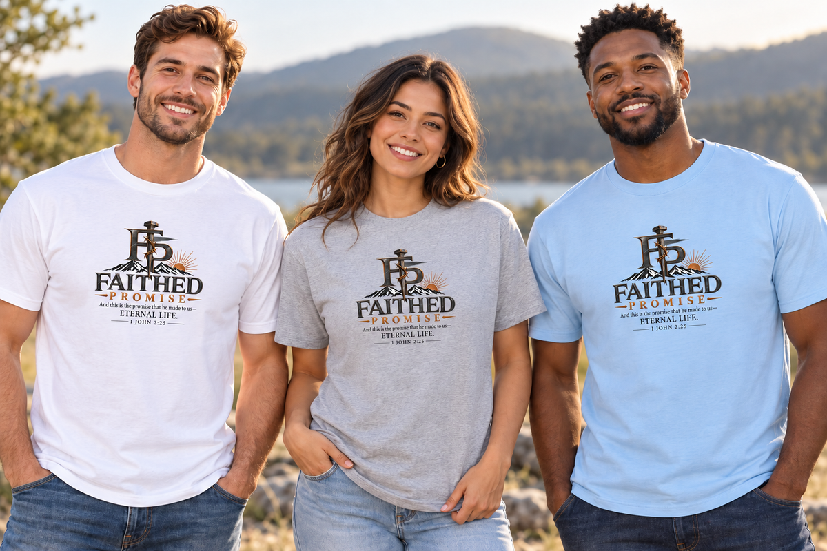 White, Sport Grey and Light Blue Promise tees with the revised 1 John 2:25 scripture; AI lifestyle mockup.