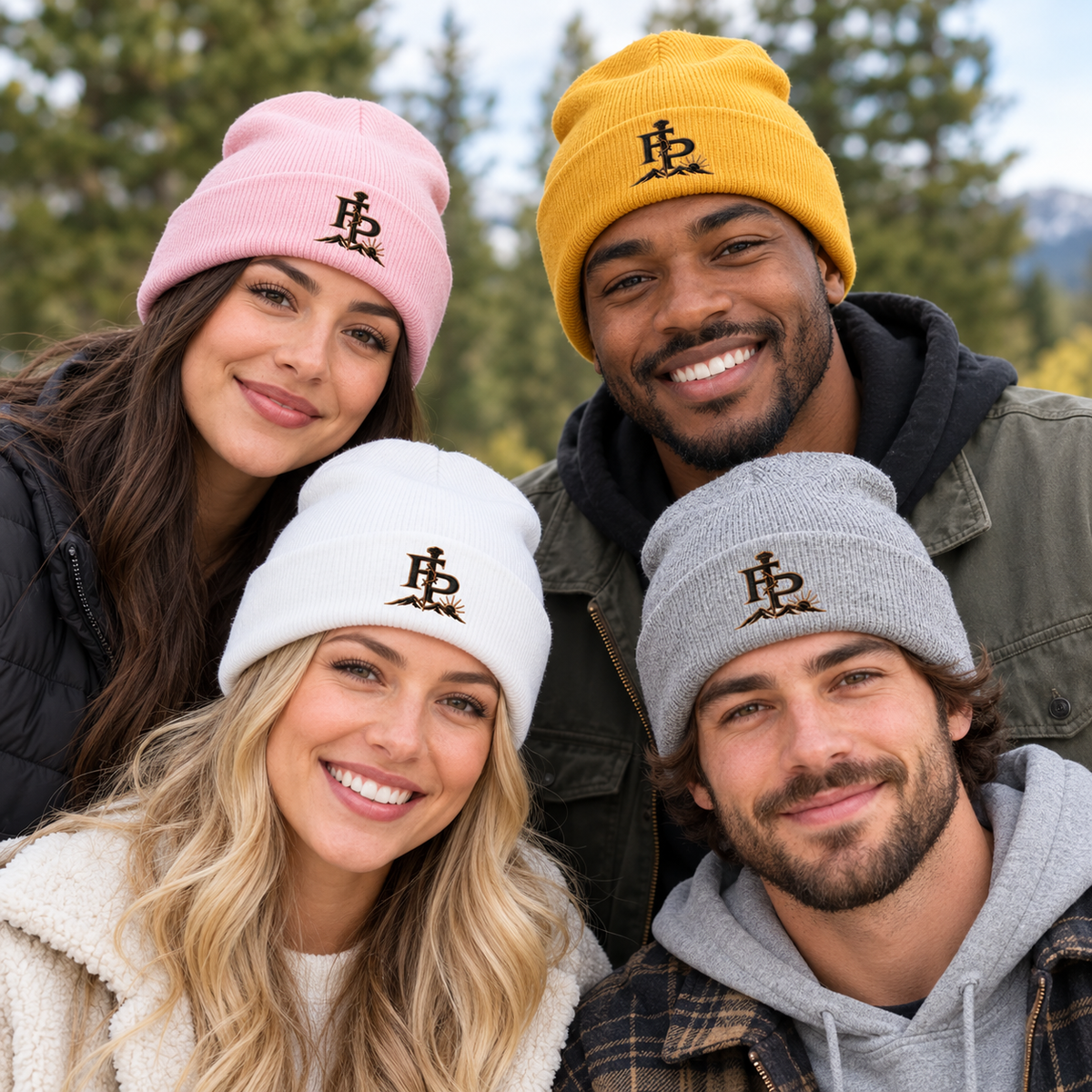 All available colors of FaithedPromise Embroidered Cuffed Winter Beanie; AI lifestyle mockup