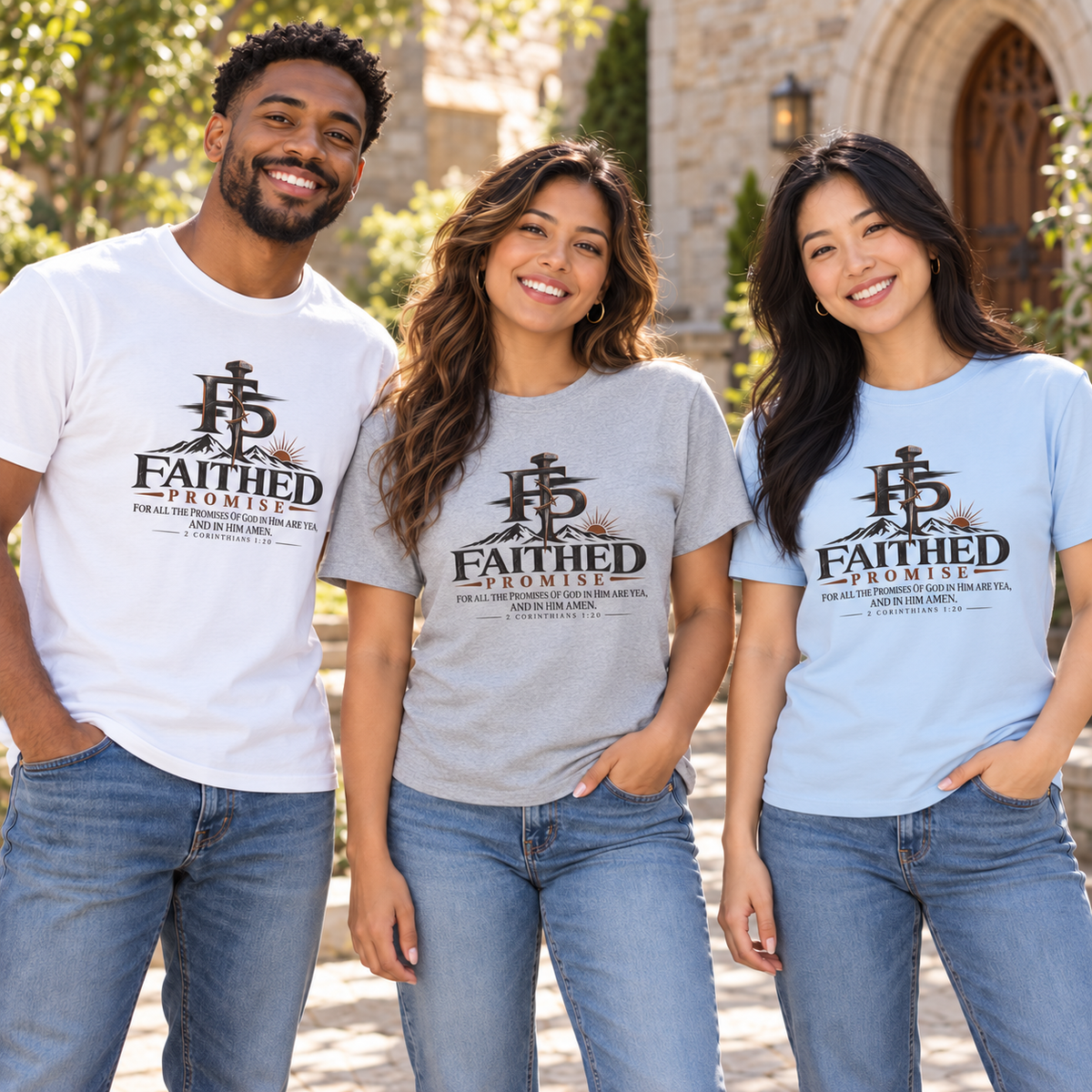 Adults wearing White, Sport Grey and Light Blue 2 corinthians 1 20 Promise Tees; AI lifestyle mockup