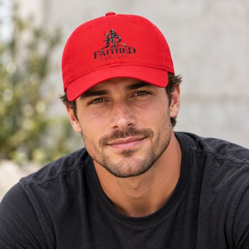 Man wearing red Faithed Promise baseball cap, AI lifestyle mockup