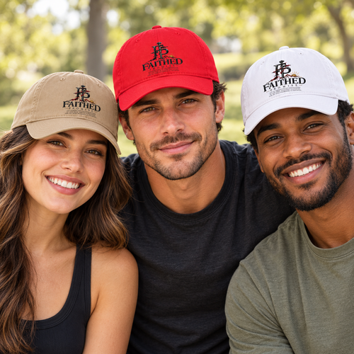 Khaki, Red and White baseball caps with corrected Hebrews 10:23 artwork; AI lifestyle mockup