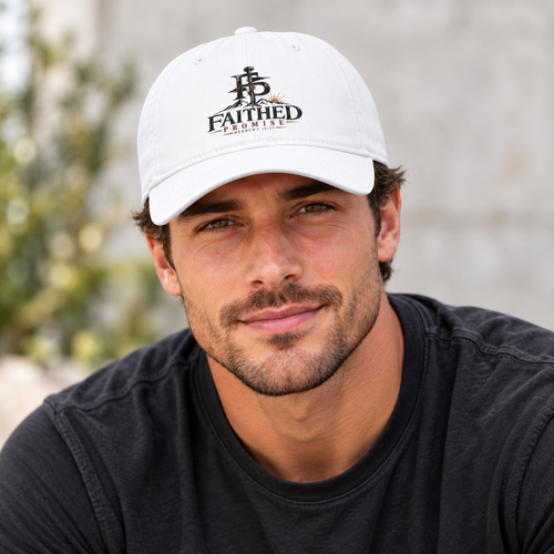 Man wearing white Faithed Promise baseball cap, AI lifestyle mockup