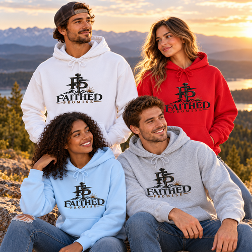 Cross hoodie group in all available garment colors; AI lifestyle mockup