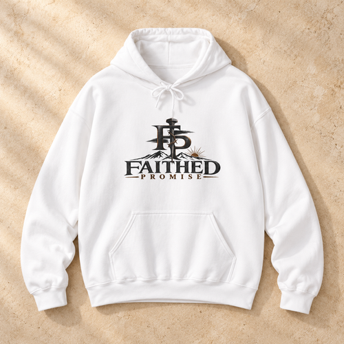 Styled product mockup of FaithedPromise Classic Christian Hoodie — Cross Logo Pullover