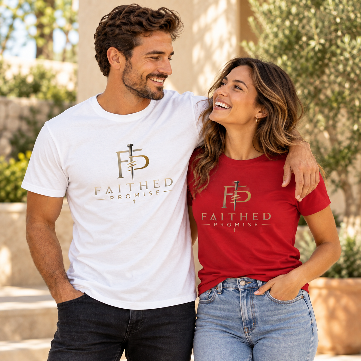 Two friends wearing white and red Faithed Promise classic cross logo tees, AI lifestyle mockup