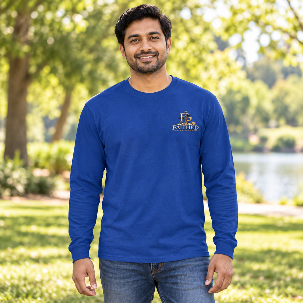 Man model wearing FaithedPromise Classic Long Sleeve — Fusion Logo in Royal with upper left chest logo