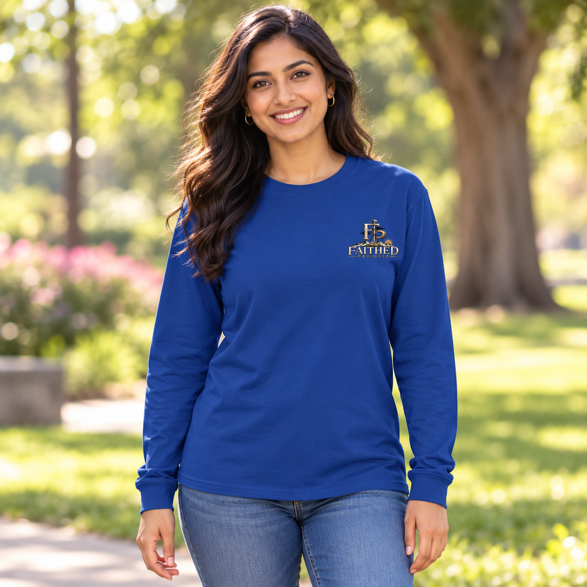 Woman model wearing FaithedPromise Classic Long Sleeve — Fusion Logo in Royal with upper left chest logo