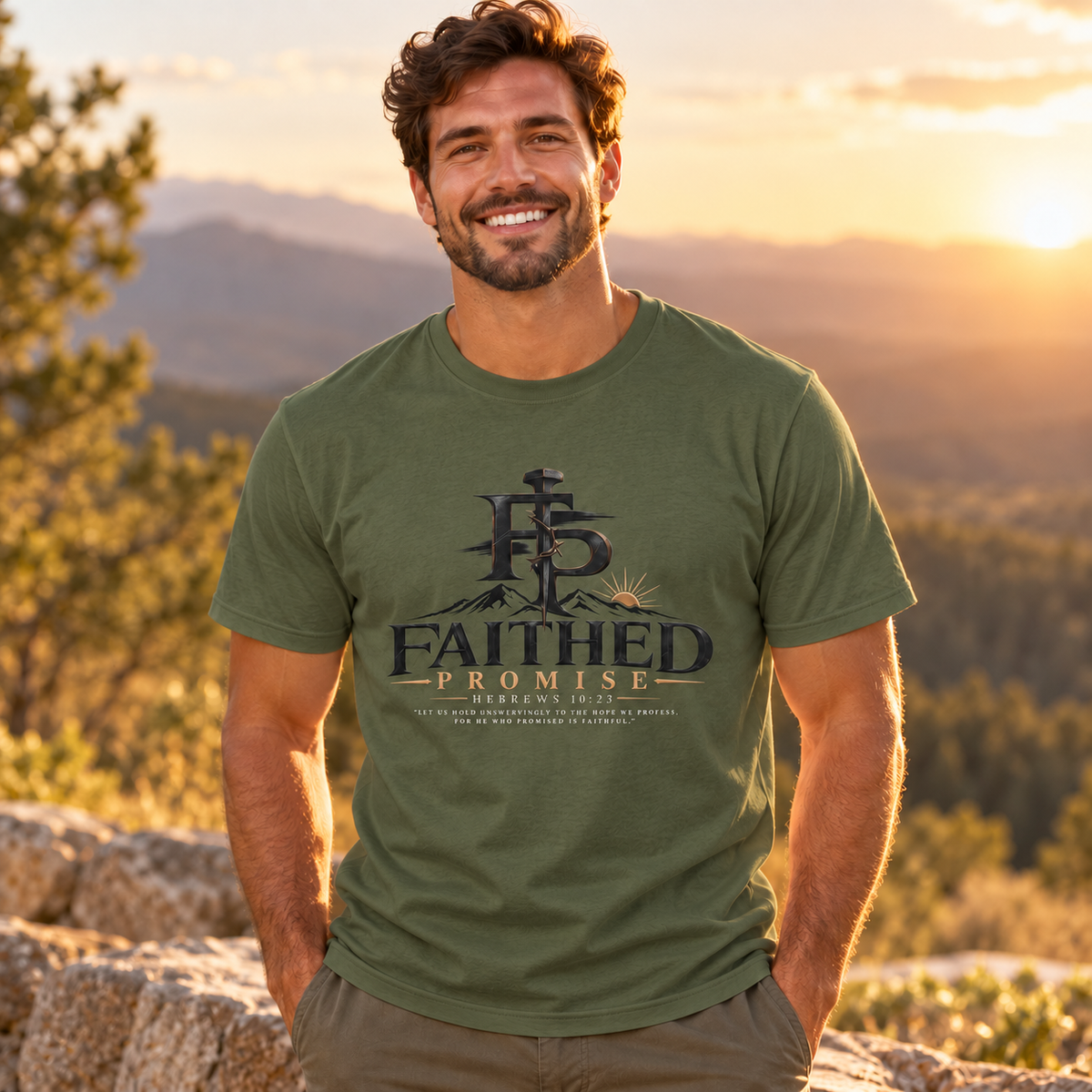 Man wearing Military Green Faithed Promise classic logo tee, AI lifestyle mockup