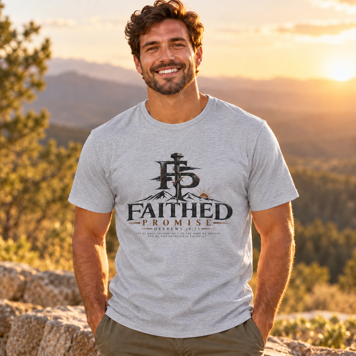 Man wearing Sport Grey Faithed Promise classic logo tee, AI lifestyle mockup