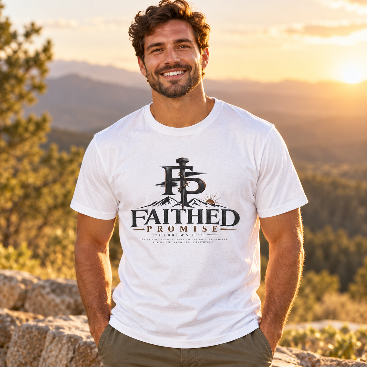 Man wearing white Faithed Promise classic logo tee, AI lifestyle mockup