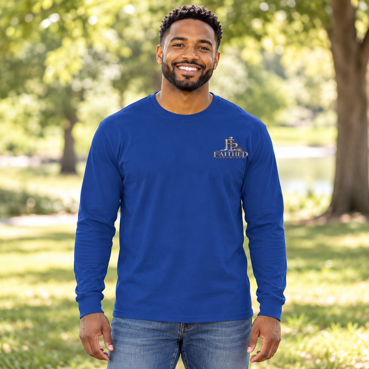 Man model wearing FaithedPromise Classic Long Sleeve — Original Logo in Royal with upper left chest logo