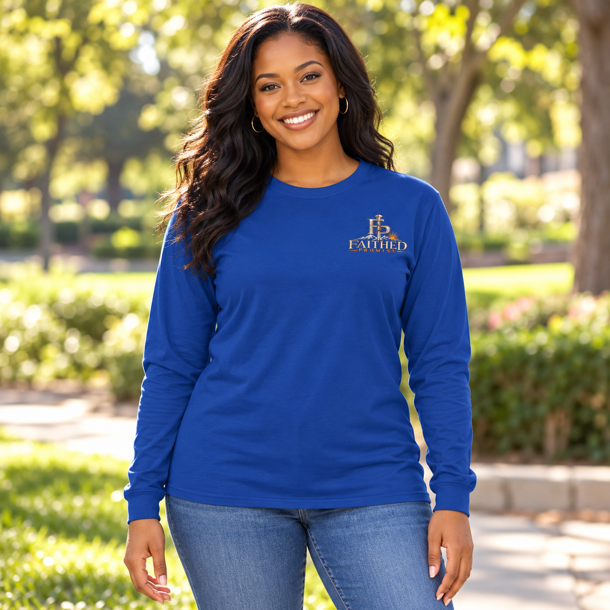 Woman model wearing FaithedPromise Classic Long Sleeve — Original Logo in Royal with upper left chest logo