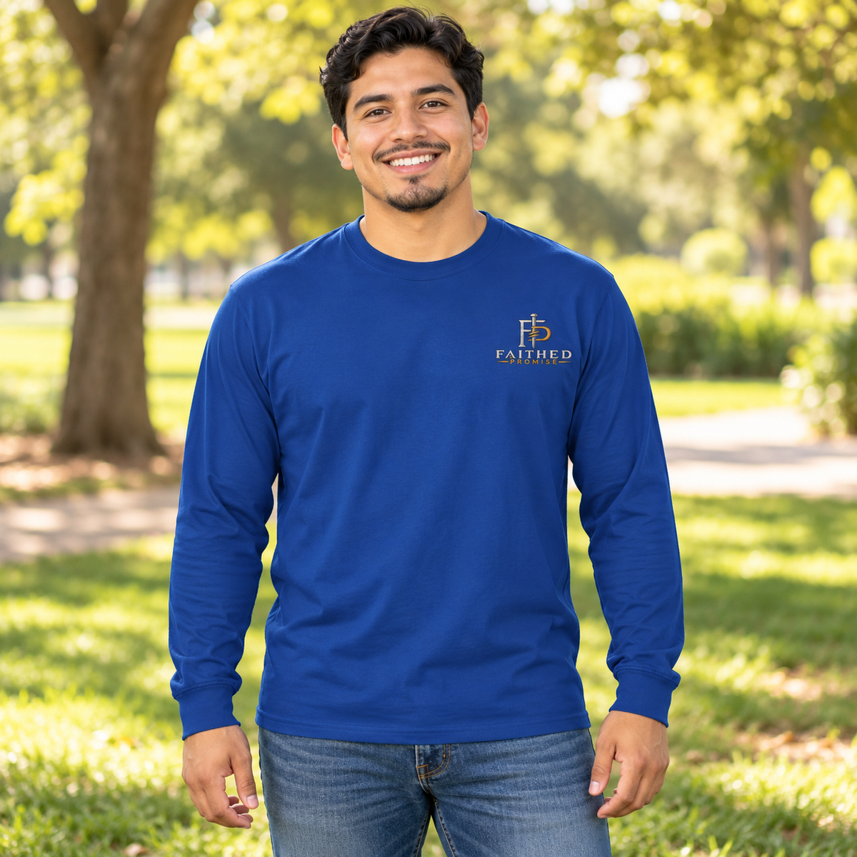 Man model wearing FaithedPromise Classic Long Sleeve — Promise Color Logo in Royal with upper left chest logo