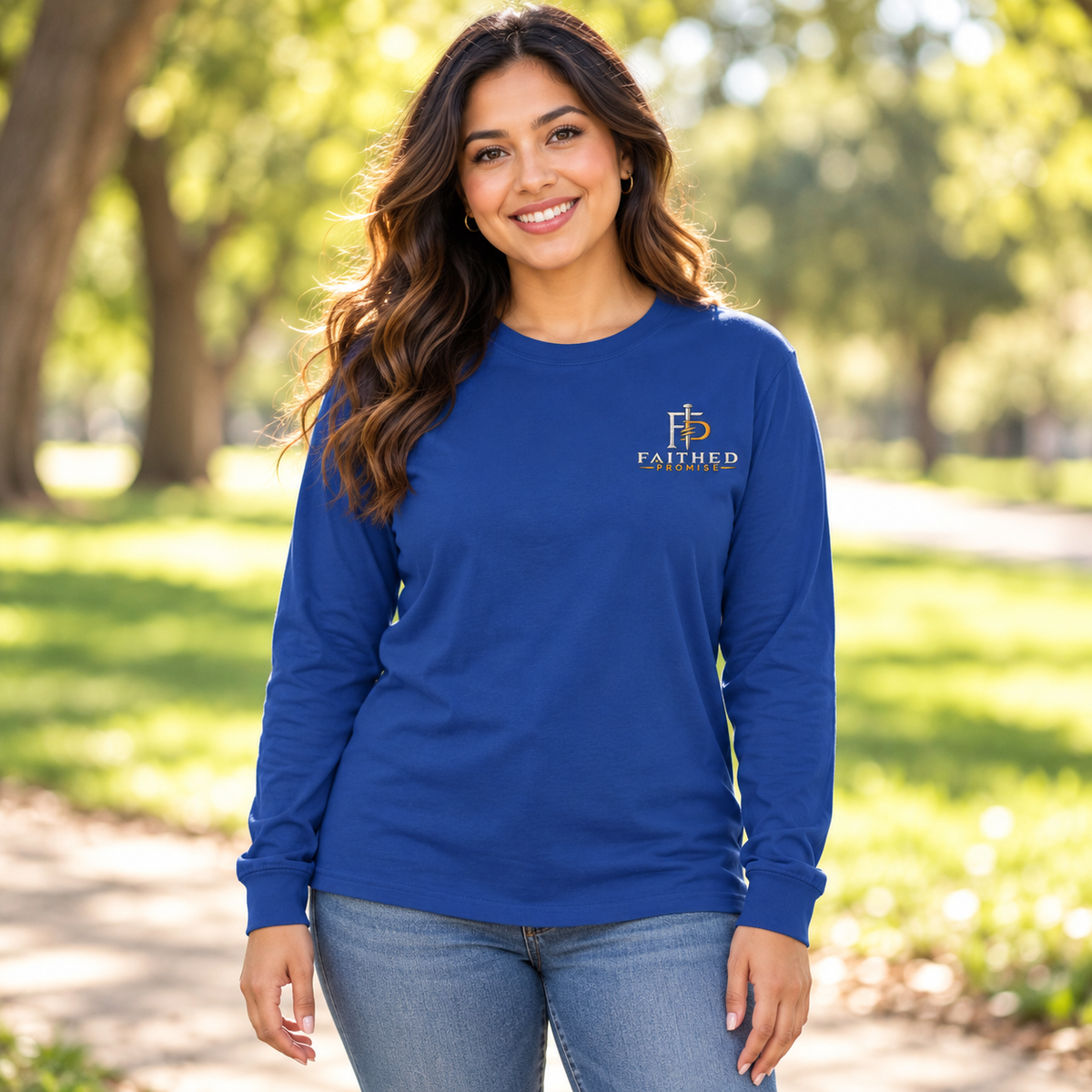 Woman model wearing FaithedPromise Classic Long Sleeve — Promise Color Logo in Royal with upper left chest logo