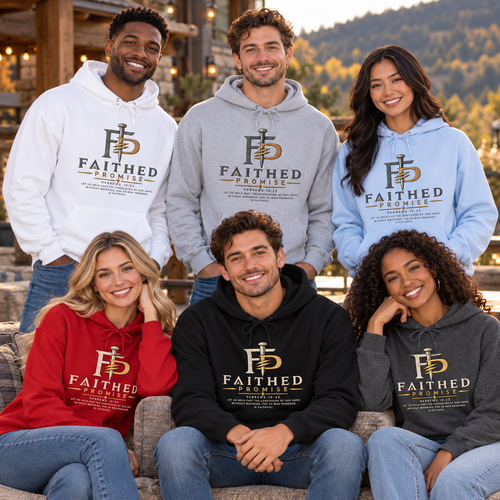 Six Classic Signature hoodie colors with corrected Hebrews 10:23; AI lifestyle mockup