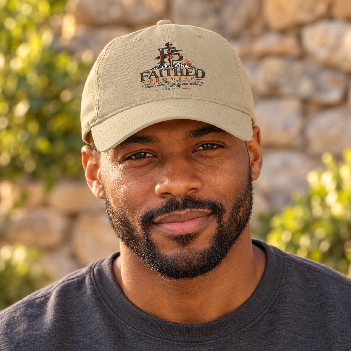 Male model wearing the khaki FaithedPromise cotton logo cap
