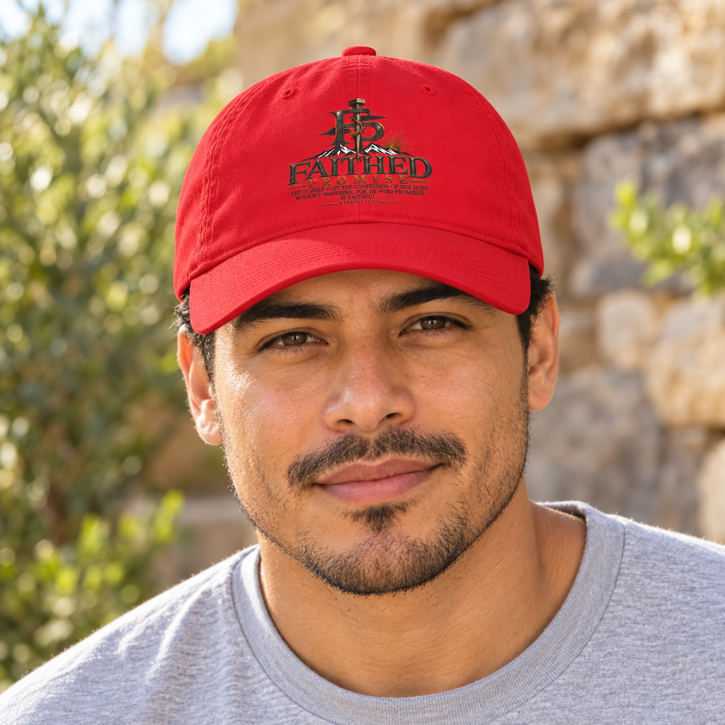 Male model wearing the red FaithedPromise cotton logo cap