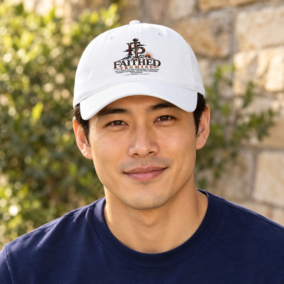 Male model wearing the white FaithedPromise cotton logo cap