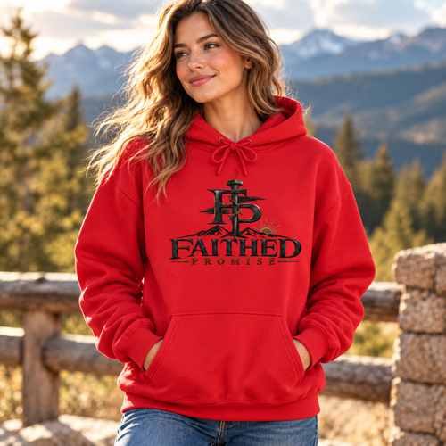 Woman wearing red Faithed Promise cross hoodie, AI lifestyle mockup