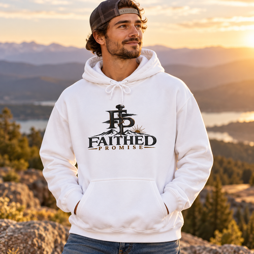 Man wearing white Faithed Promise cross hoodie, AI lifestyle mockup