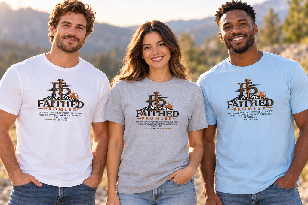 White, Sport Grey and Light Blue Promise tees with the full revised Hebrews 10:23 scripture; AI lifestyle mockup.