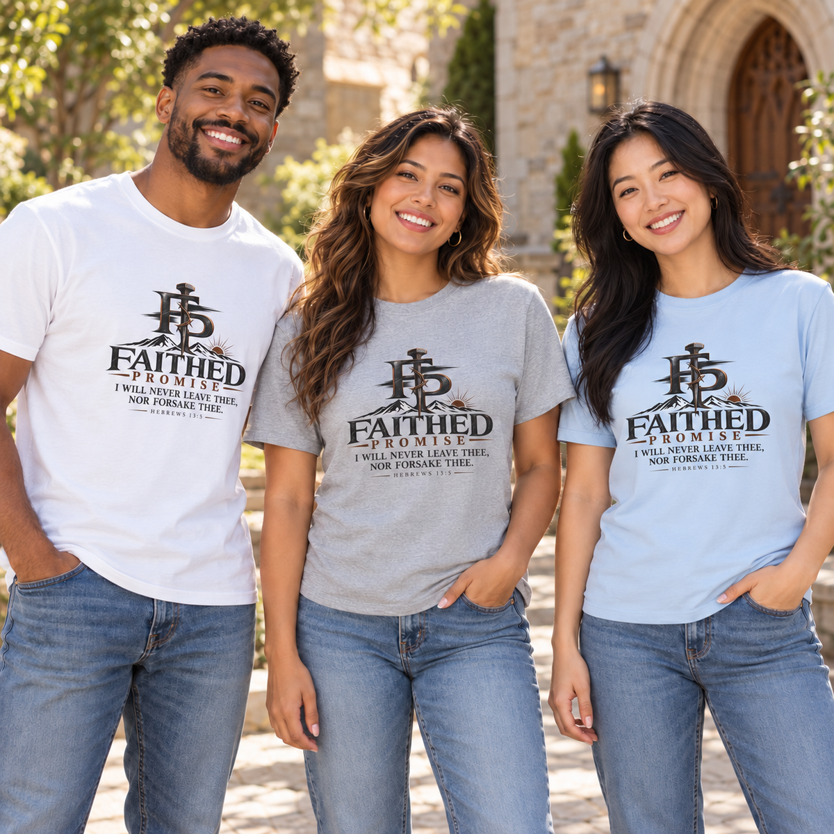 Adults wearing White, Sport Grey and Light Blue hebrews 13 5 Promise Tees; AI lifestyle mockup