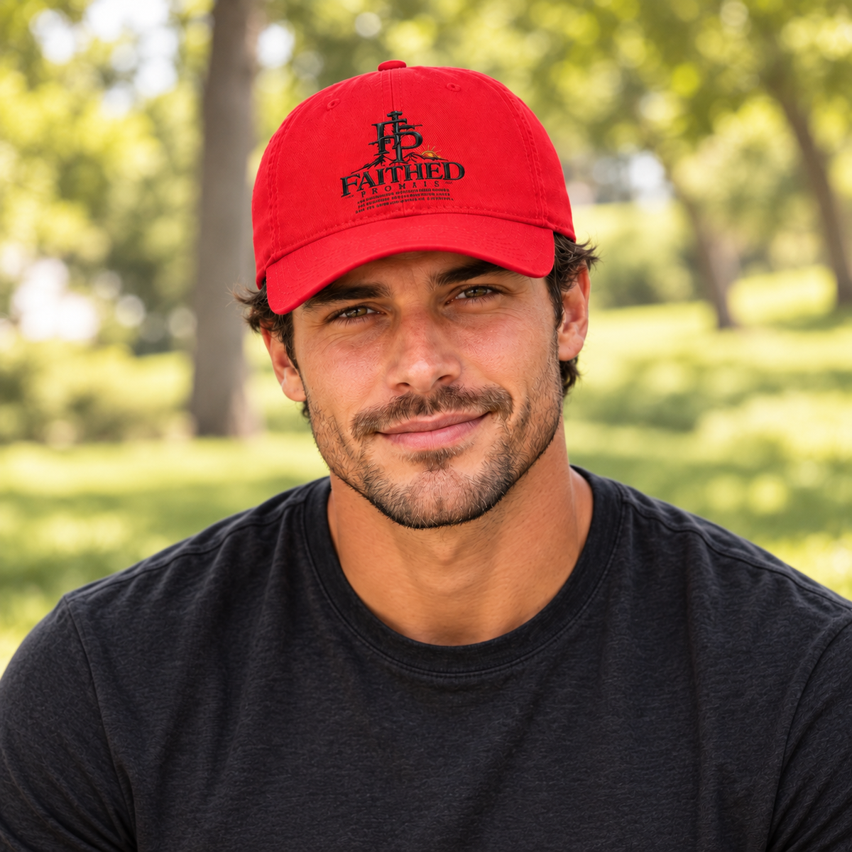 Individual model wearing red FaithedPromise baseball cap; AI lifestyle mockup