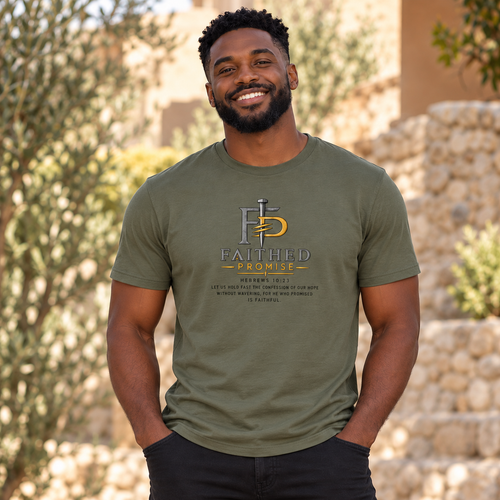 Individual model wearing FaithedPromise Classic Christian T-Shirt — Logo Tee; AI lifestyle mockup
