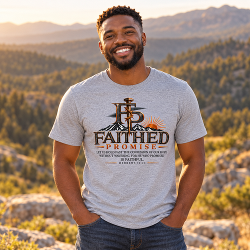Individual model wearing FaithedPromise Premium Christian T-Shirt — Cross Logo Tee; AI lifestyle mockup