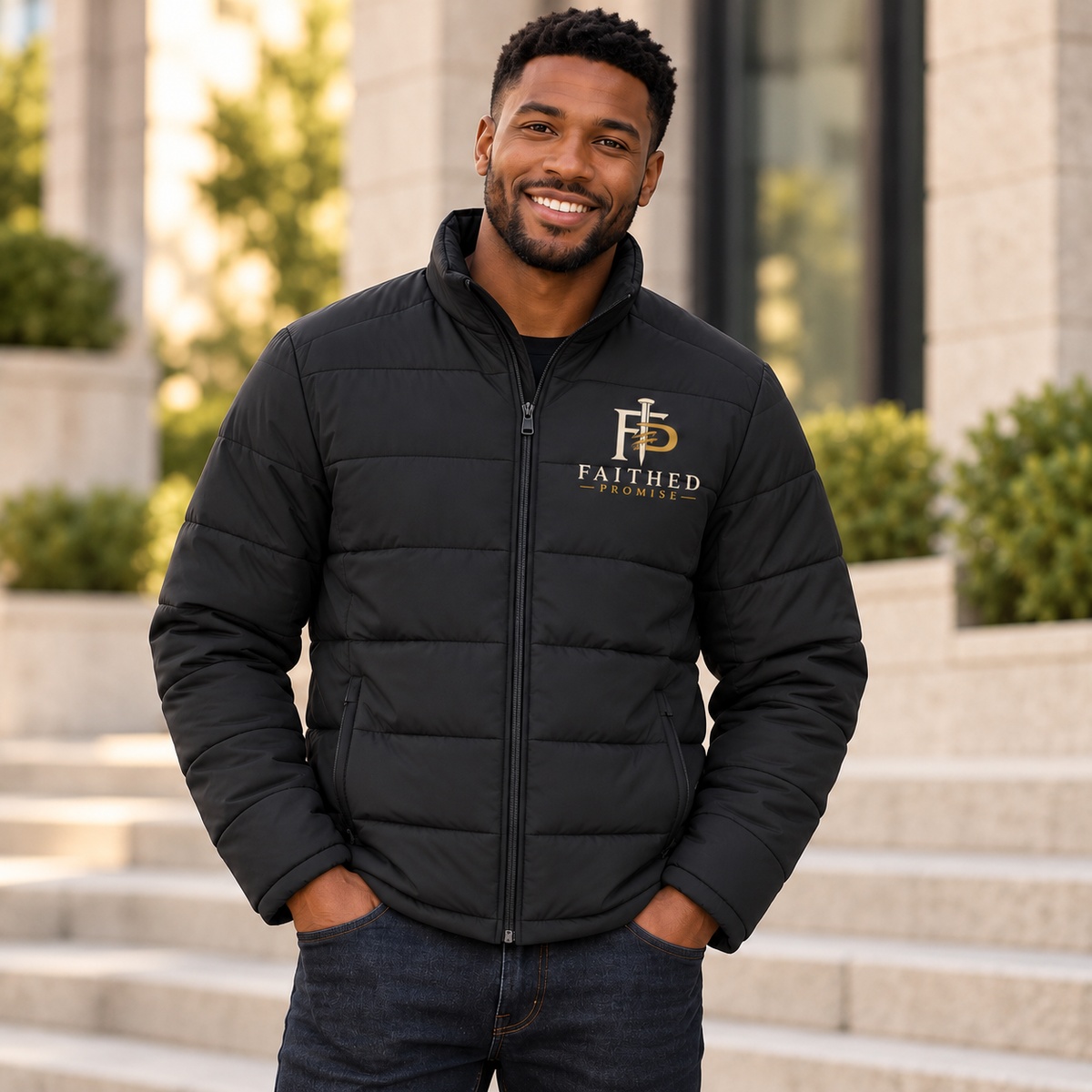 Individual model wearing FaithedPromise Premium Insulated Puffer Jacket — Signature FP Logo; AI lifestyle mockup
