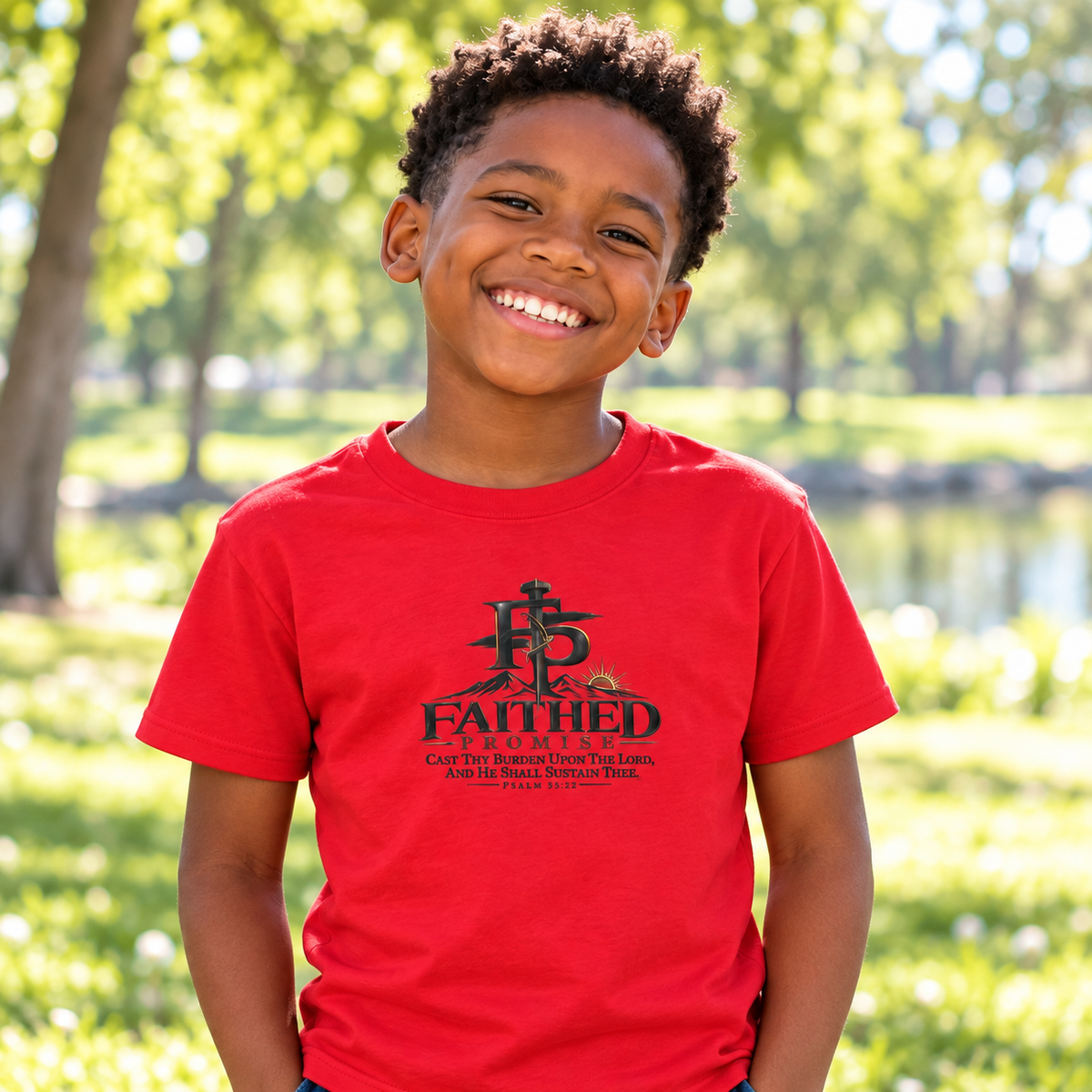 Individual model wearing FaithedPromise Kids Classic Promise Tee — Psalm 55:22; AI lifestyle mockup