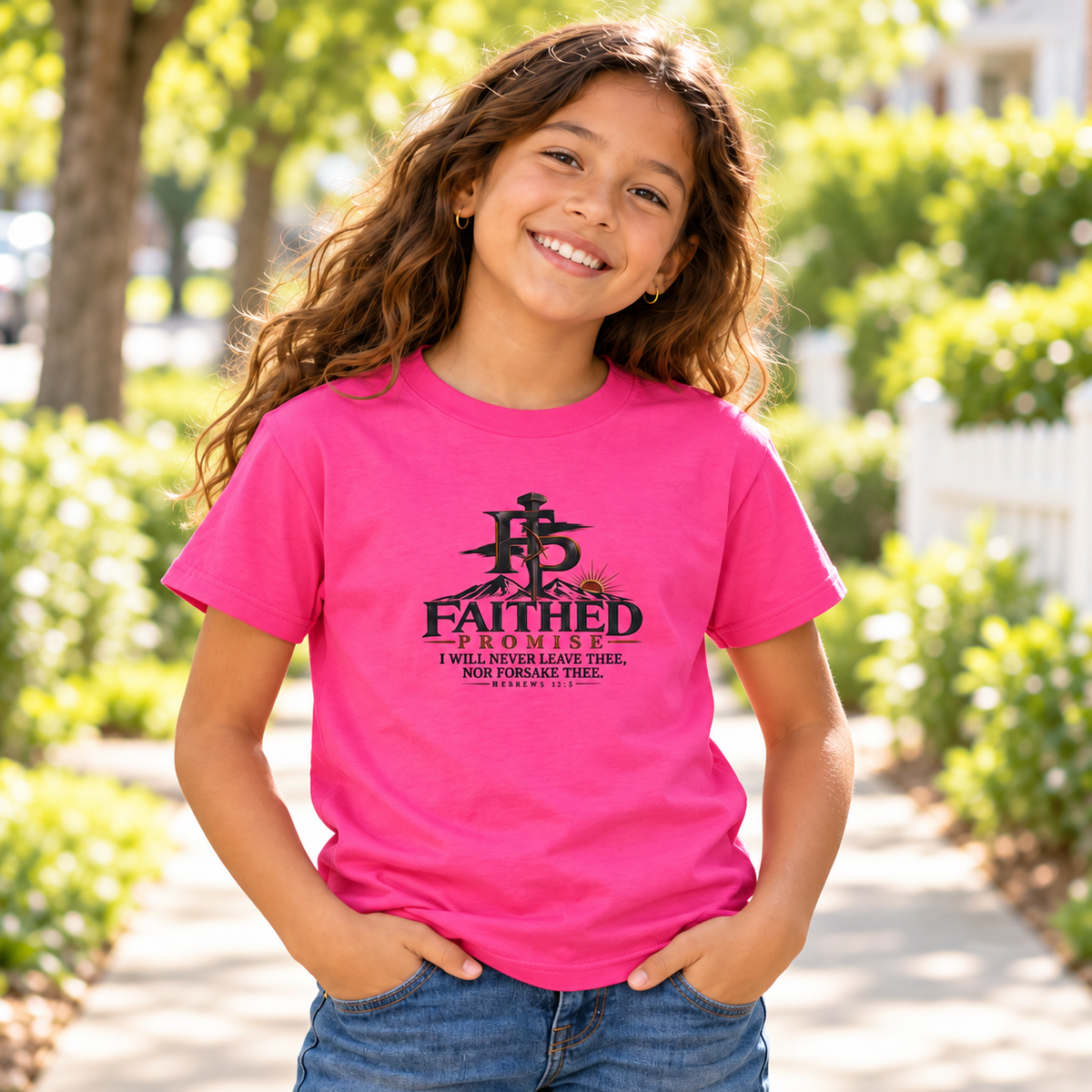 Individual model wearing FaithedPromise Kids Classic Promise Tee — Hebrews 13:5; AI lifestyle mockup