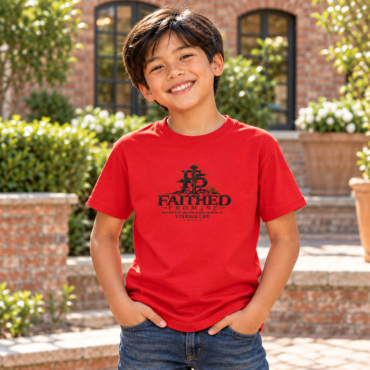 Individual model wearing FaithedPromise Kids Classic Promise Tee — 1 John 2:25; AI lifestyle mockup