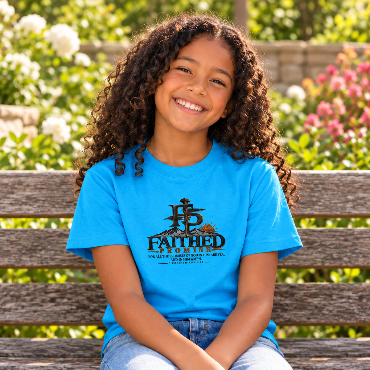Individual model wearing FaithedPromise Kids Classic Promise Tee — 2 Corinthians 1:20; AI lifestyle mockup