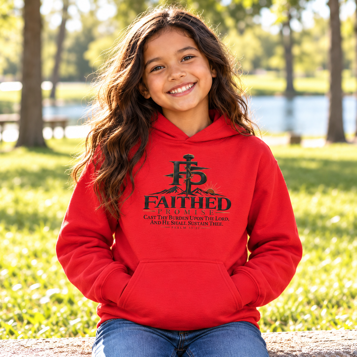 Individual model wearing FaithedPromise Kids Classic Promise Hoodie — Psalm 55:22; AI lifestyle mockup