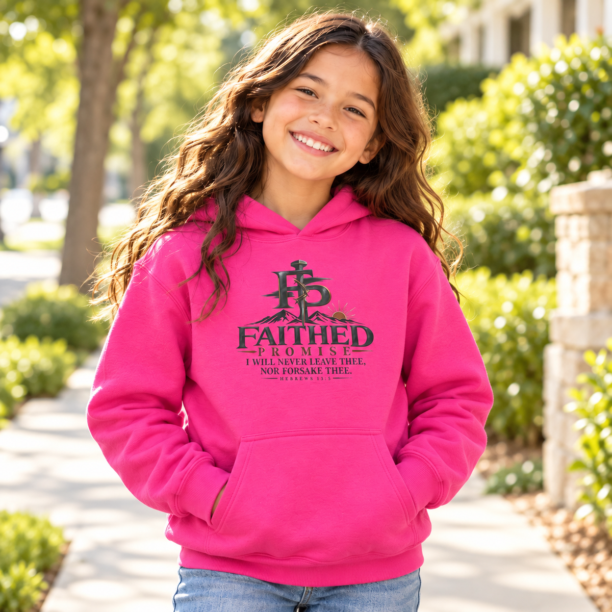 Individual model wearing FaithedPromise Kids Classic Promise Hoodie — Hebrews 13:5; AI lifestyle mockup