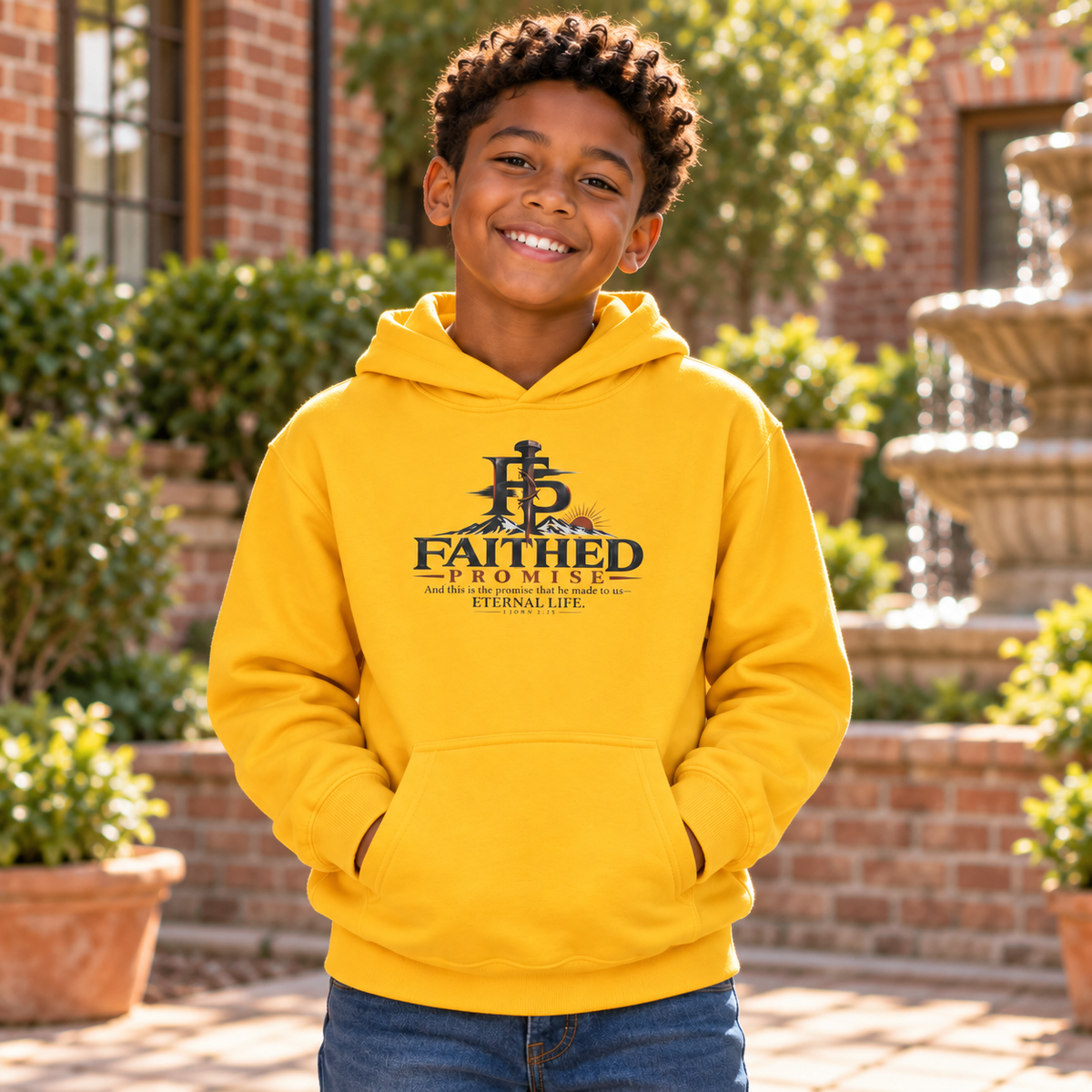Individual model wearing FaithedPromise Kids Classic Promise Hoodie — 1 John 2:25; AI lifestyle mockup