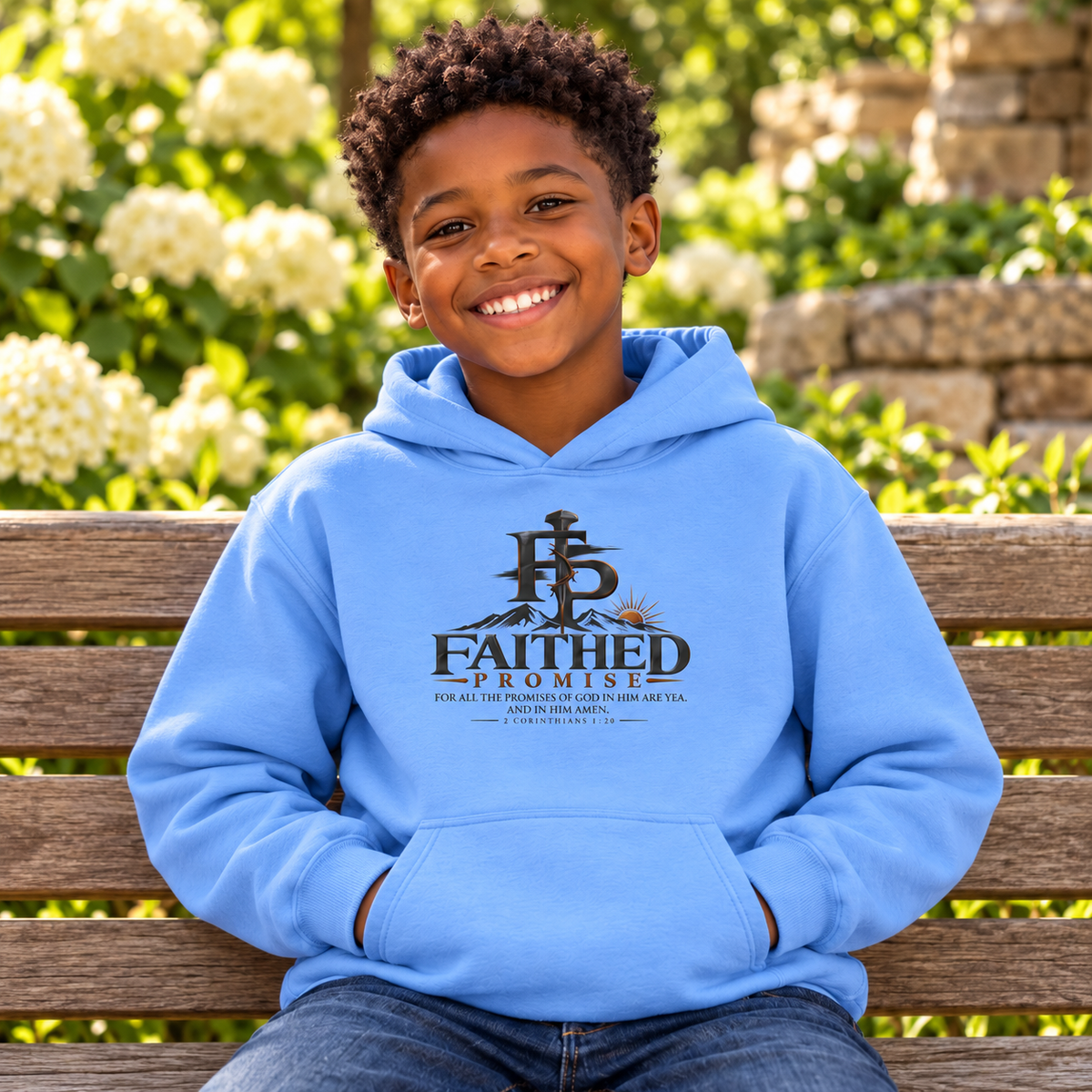 Individual model wearing FaithedPromise Kids Classic Promise Hoodie — 2 Corinthians 1:20; AI lifestyle mockup