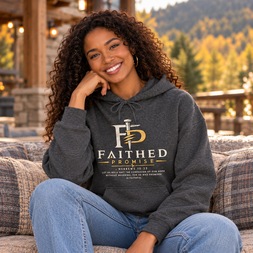 Individual model wearing FaithedPromise Classic Christian Hoodie — Logo Pullover; AI lifestyle mockup