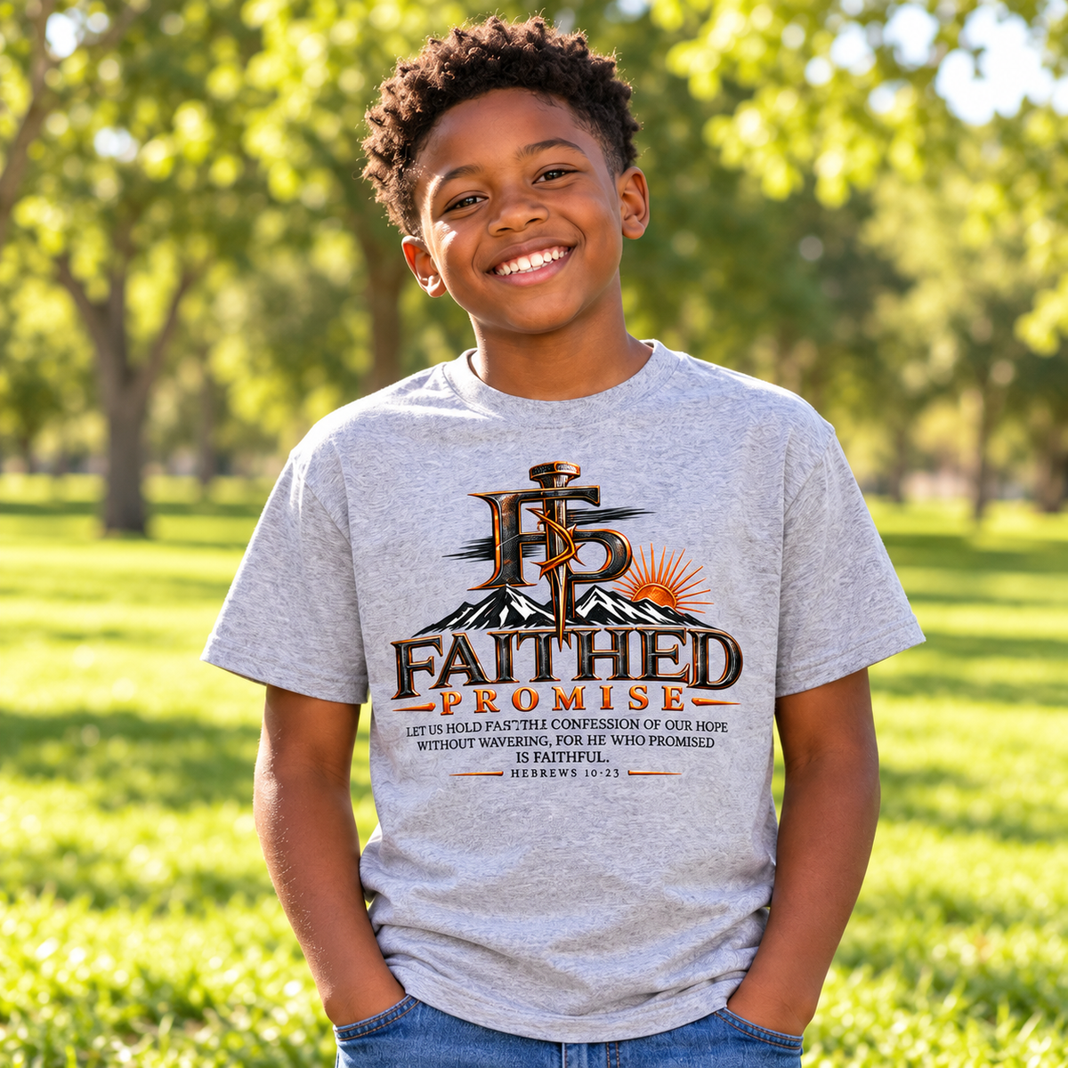 Individual model wearing FaithedPromise Kids’ Classic Cross Logo Tee; AI lifestyle mockup