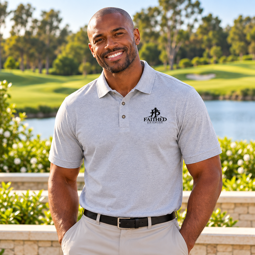 Individual model wearing FaithedPromise Men’s Saratoga Performance Polo; AI lifestyle mockup