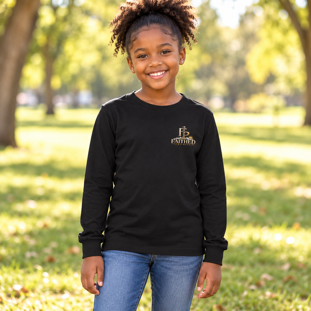 Child model wearing FaithedPromise Kids Premium Long Sleeve — Fusion Logo in Black with upper left chest logo