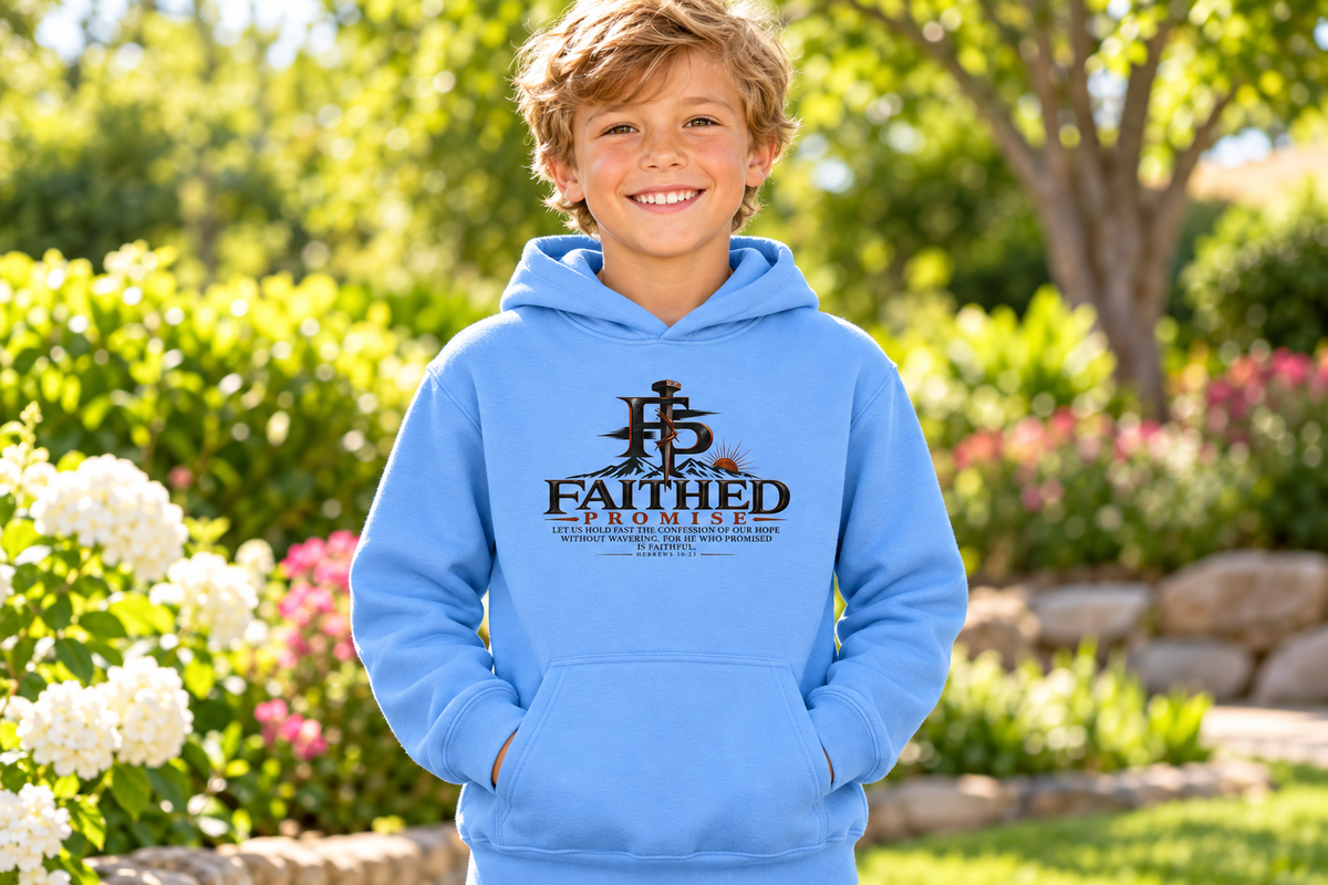 Child wearing Carolina Blue Hebrews 10:23 kids hoodie; AI lifestyle mockup